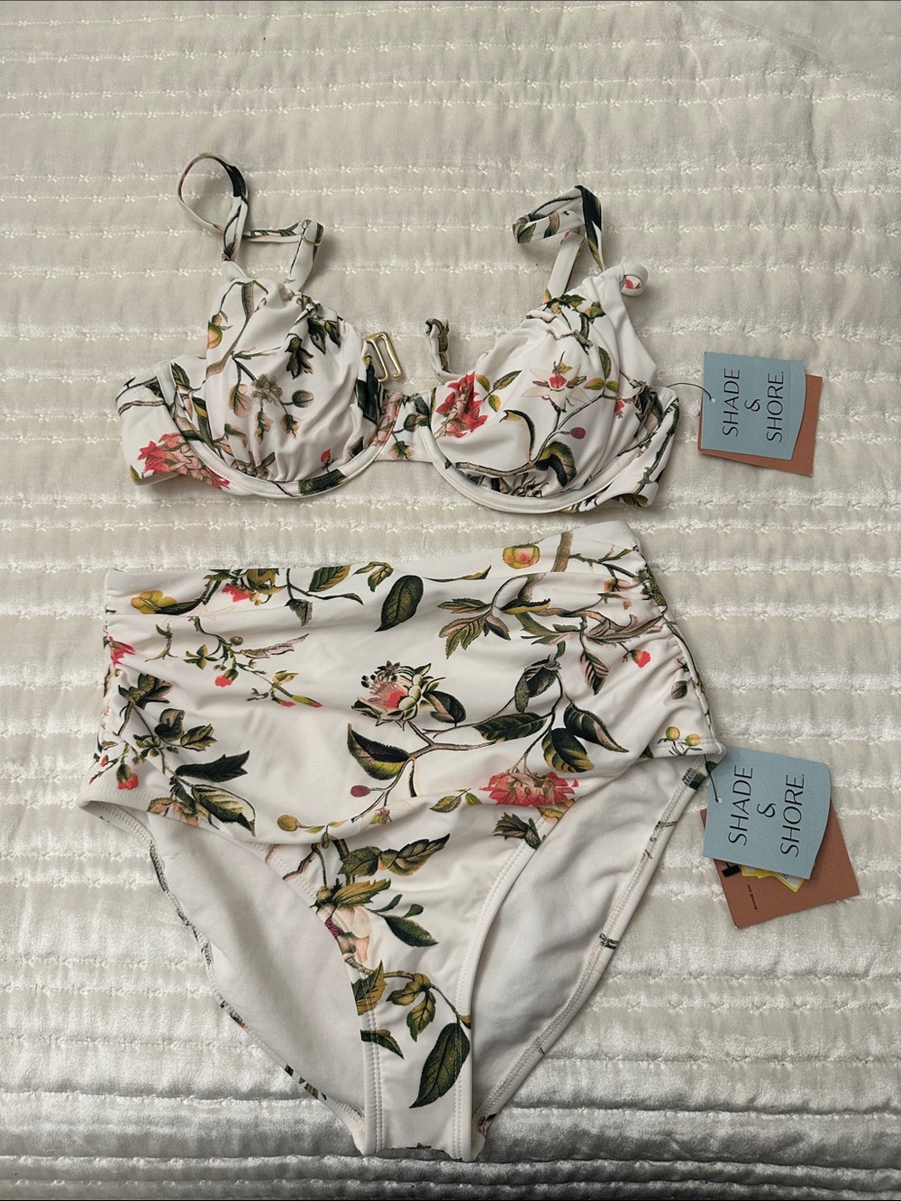 NWT Shade & Shore Floral Underwire bikini Top 34C + High-Waist Bottoms small